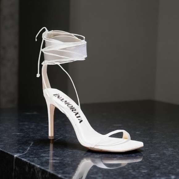 iNAMORATA Cream Lace-Up Heels - Picture 1 of 8